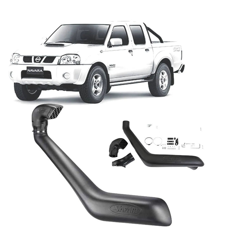 White Nissan Navara D22 pickup truck with Safari snorkel intake system for Navara D22