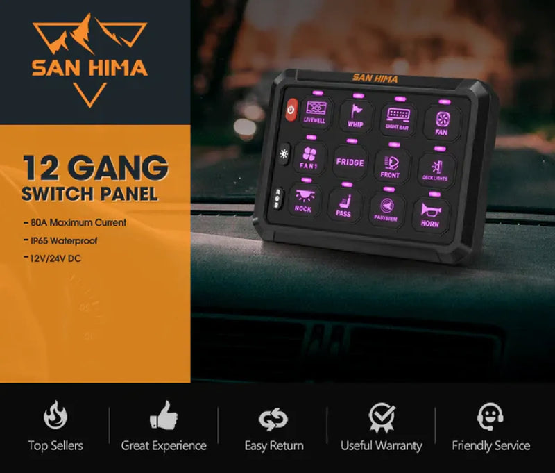 San Hima 12 Gang Bluetooth Switch Panel 12V/24V | ON-OFF LED Control