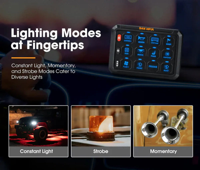 San Hima 12 Gang Bluetooth Switch Panel 12V/24V | ON-OFF LED Control