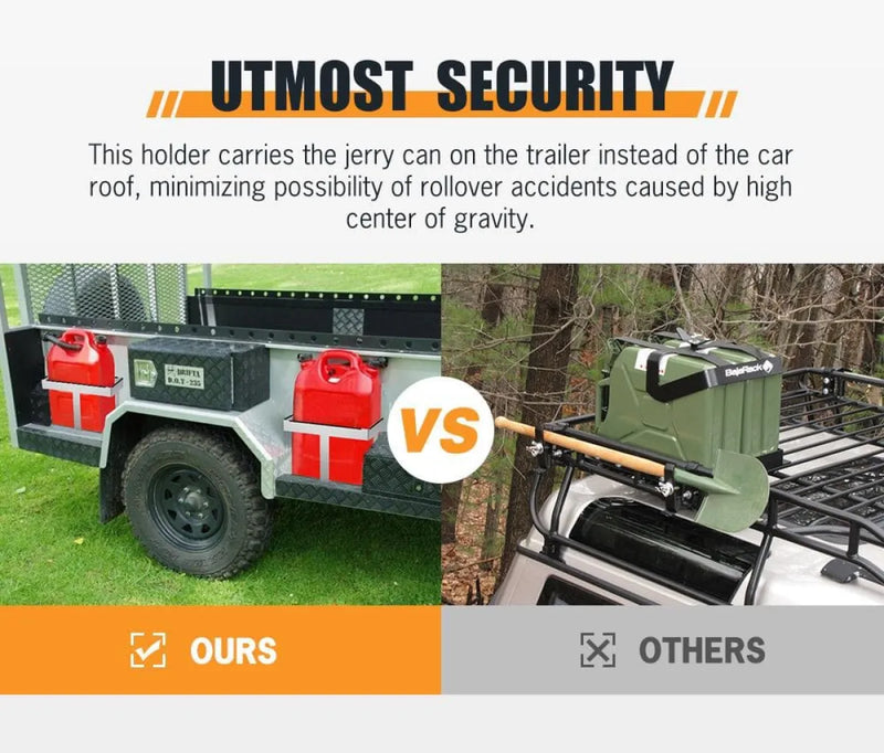 San Hima 20L bolt-on jerry can holder showcases safer trailer-mounted vs roof-mounted fuel carrying methods in galvanized steel