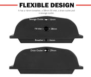 Black plumbing component with labeled outlets for trailer water tank functions