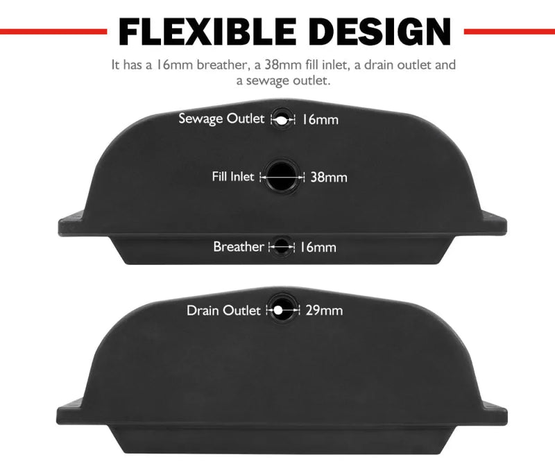 Black plumbing component with labeled outlets for trailer water tank functions