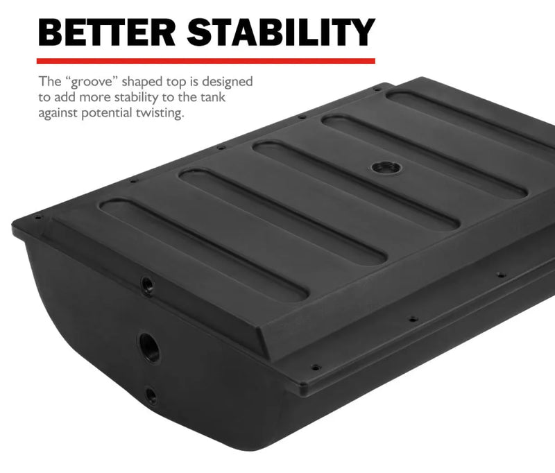 Black plastic water tank with grooved top for stability, ideal as a trailer water tank