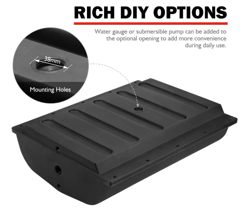 Black plastic water tank for vehicle and trailer with mounting holes and accessory openings