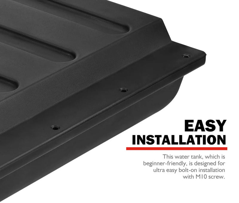 Black San Hima 75L trailer water tank with installation instructions for vehicles and trailers