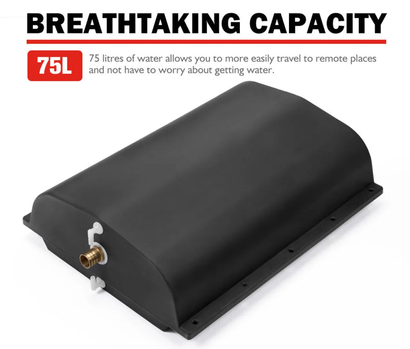 Black San Hima 75L trailer water tank with spigot for vehicle and trailer water use