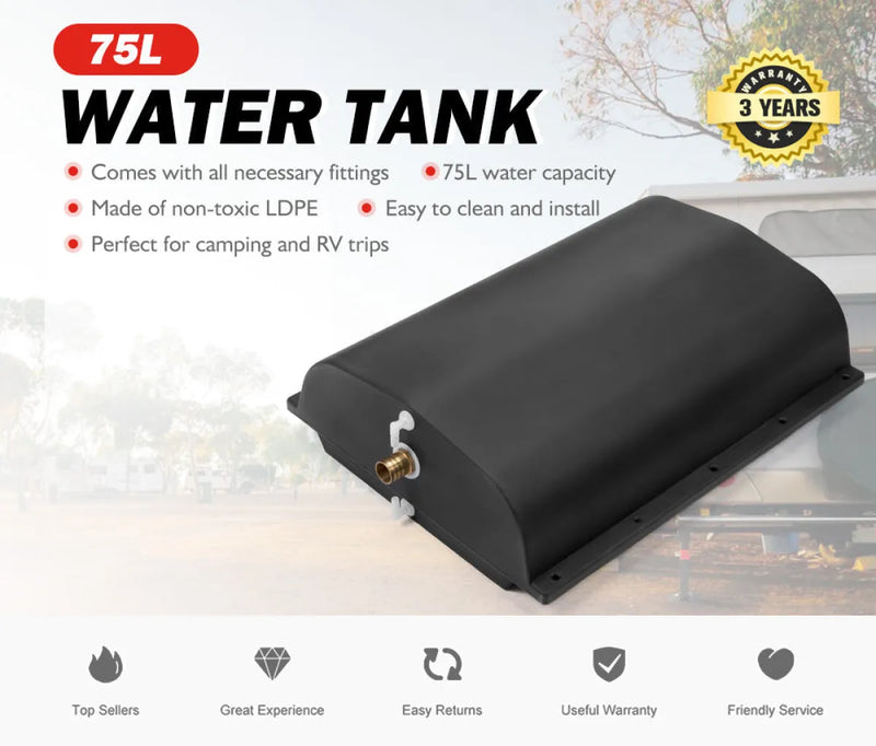 Black rectangular water tank with 75 liters capacity for San Hima Trailer Water Tank
