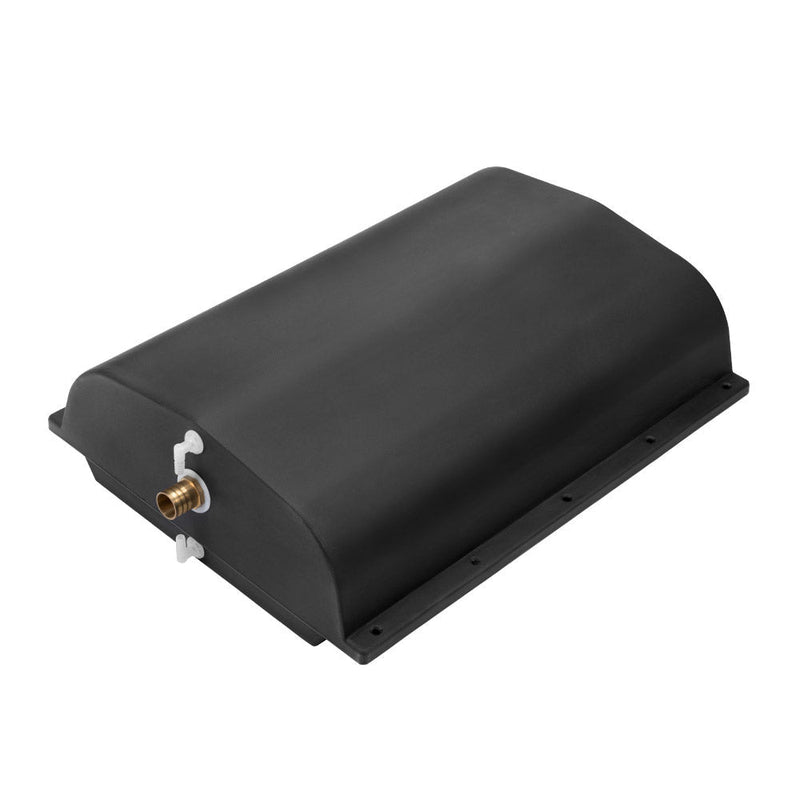 Black rectangular San Hima 75L trailer water tank with metal connector and curved top