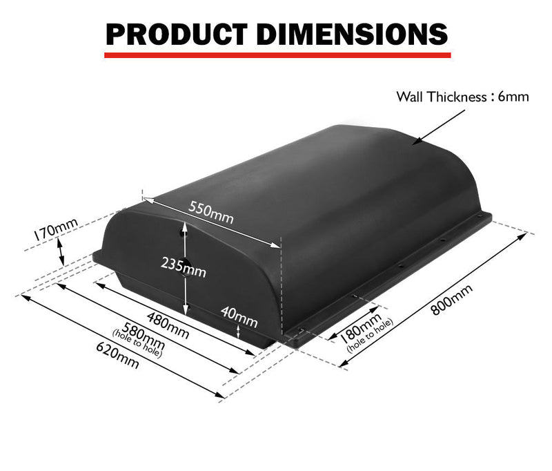 Curved black roof vent cover with labeled dimensions on San Hima 75L trailer water tank