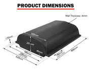 Curved black roof vent cover with labeled dimensions on San Hima 75L trailer water tank