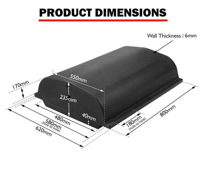 Curved black roof vent cover with labeled dimensions on San Hima 75L trailer water tank