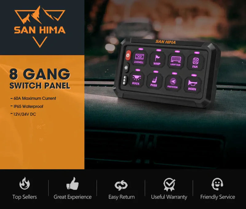San Hima 8 Gang Bluetooth Switch Panel | 12V/24V | ON-OFF LED Control