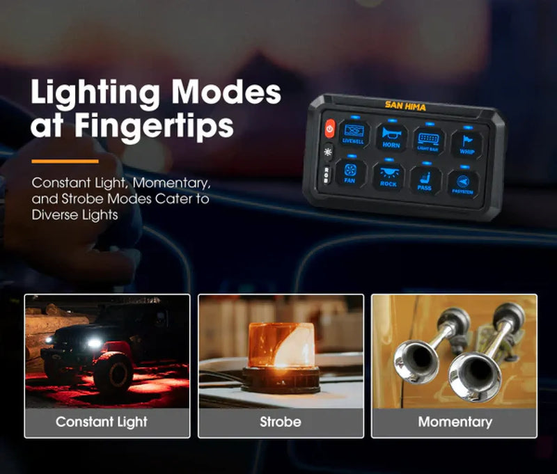 San Hima 8 Gang Bluetooth Switch Panel | 12V/24V | ON-OFF LED Control