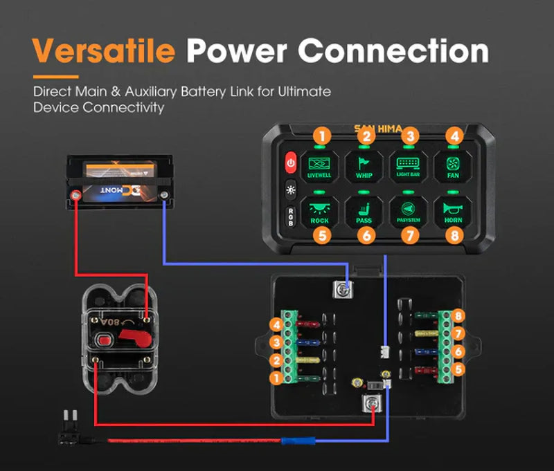 San Hima 8 Gang Bluetooth Switch Panel | 12V/24V | ON-OFF LED Control