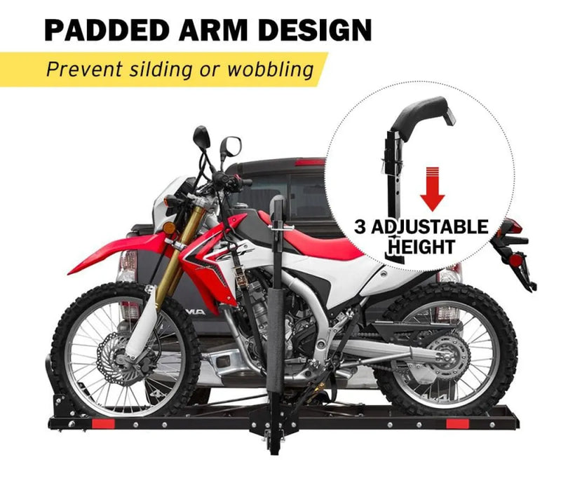 San Hima motorcycle carrier rack with padded arms and adjustable height for transport