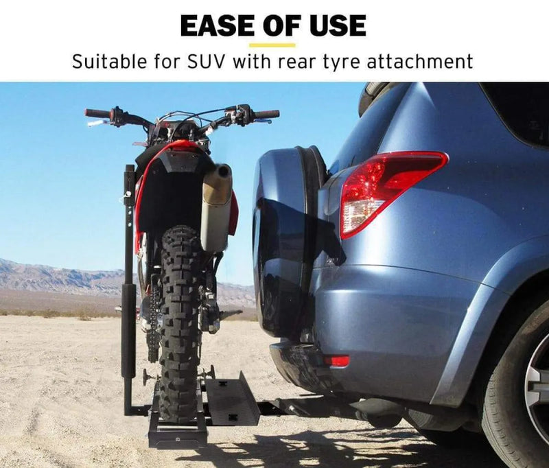 San Hima Adjustable Motorcycle Carrier Rack with Ramp attached to SUV rear for easy hauling