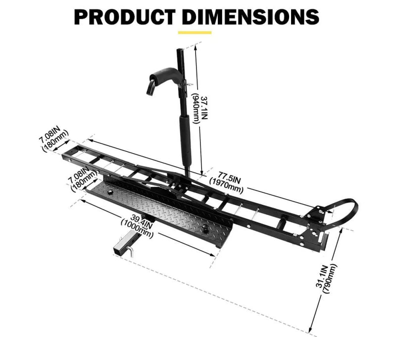 San Hima motorcycle carrier rack with labeled dimensions for rear vehicle mounting