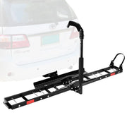 San Hima motorcycle carrier rack with hitch-mounted upright support arm and ramp