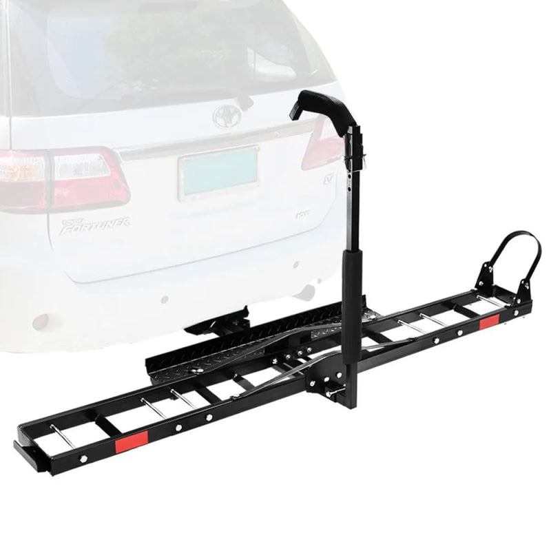 San Hima motorcycle carrier rack with hitch-mounted upright support arm and ramp