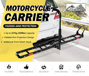 San Hima motorcycle carrier rack with padded arm protection and front wheel chock