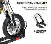San Hima motorcycle carrier rack with adjustable wheel chock for front wheel stability