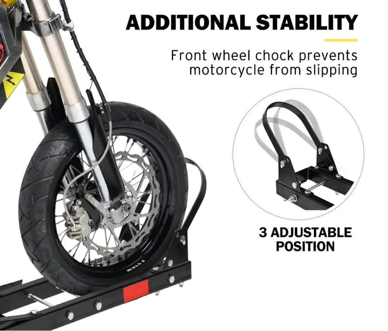 San Hima motorcycle carrier rack with adjustable wheel chock for front wheel stability