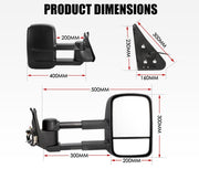 Extendable towing mirrors for Nissan Patrol GU Y61 1997-2016 with labeled dimensions