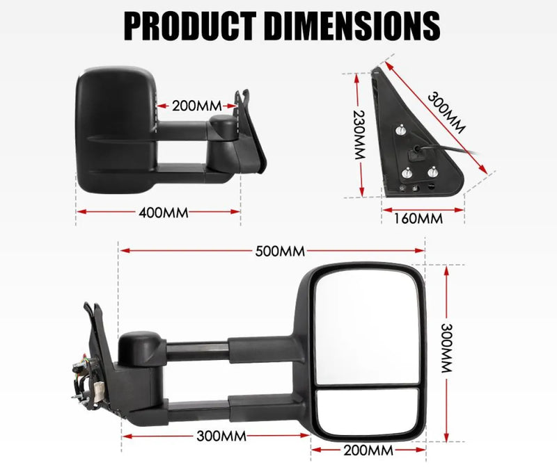 Extendable towing mirrors for Nissan Patrol GU Y61 1997-2016 with labeled dimensions