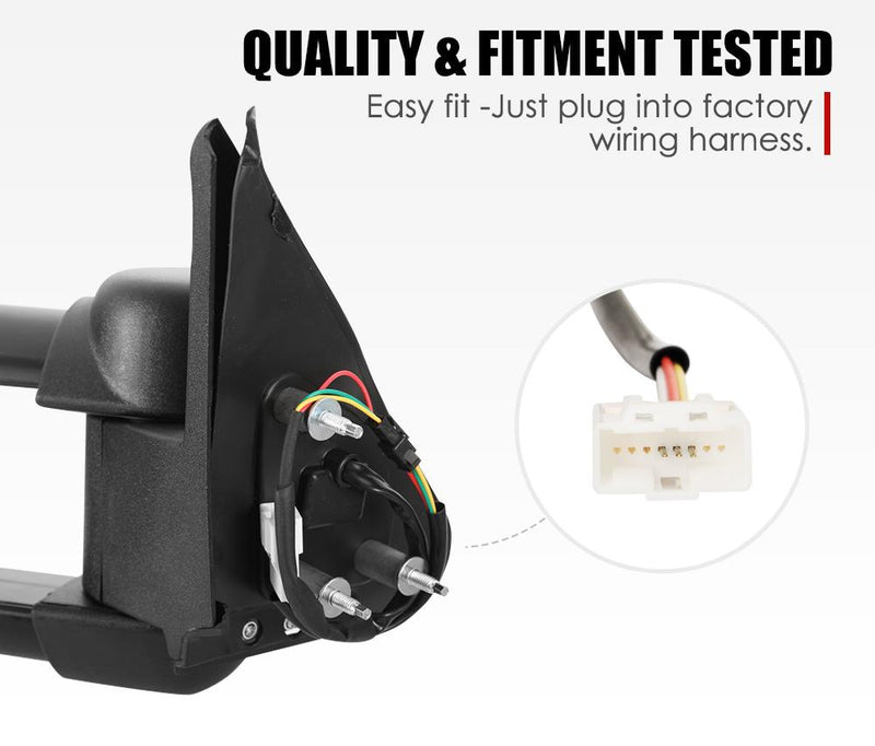 Side mirror for Nissan Patrol GU Y61 with wiring and connector plug, extendable towing mirrors