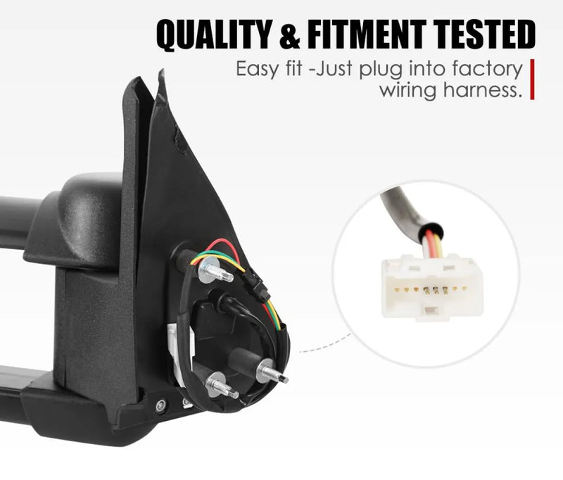 Side mirror for Nissan Patrol GU Y61 with wiring and connector plug, extendable towing mirrors