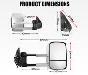 Extendable towing mirrors for Toyota Hilux 2005-2015 with labeled dimensions and indicators