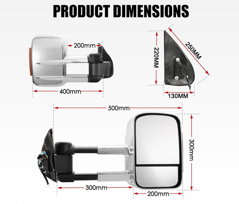 Extendable towing mirrors for Toyota Hilux 2005-2015 with labeled dimensions and indicators