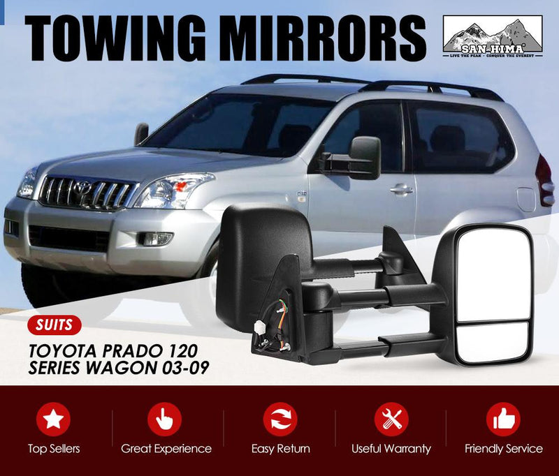 Extendable towing mirrors for Toyota Prado 120 to reduce blind spots and improve visibility
