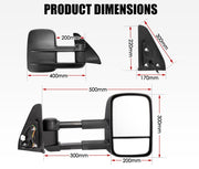 Extendable towing mirrors for Toyota Prado 120 with labeled dimensions to reduce blind spots
