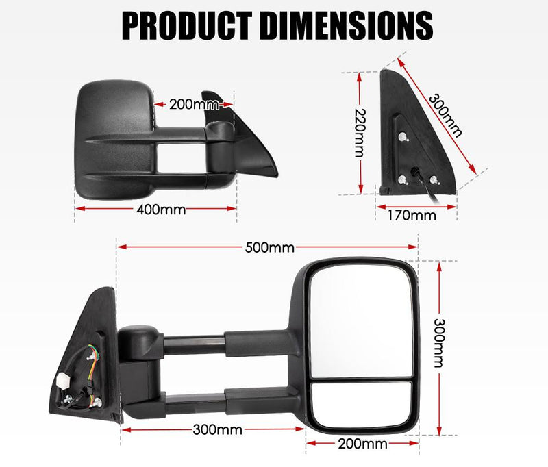 Extendable towing mirrors for Toyota Prado 120 with labeled dimensions to reduce blind spots