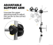 Adjustable support arm on San Hima tire rack for spare wheel and bike mounting