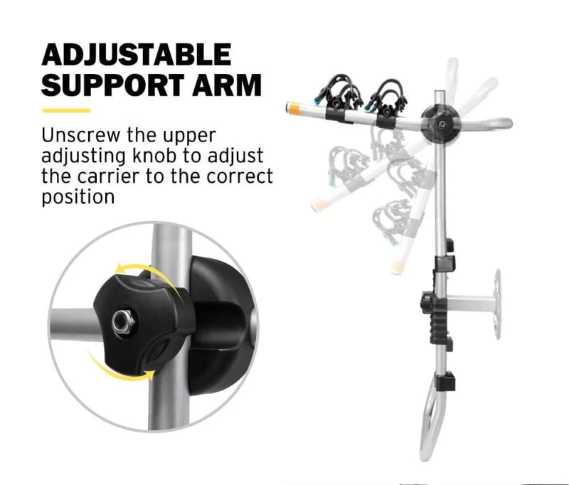 Adjustable support arm on San Hima tire rack for spare wheel and bike mounting