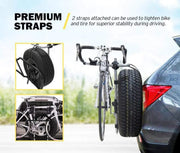 San Hima foldable tire rack with spare wheel and bike carrier attached to car rear