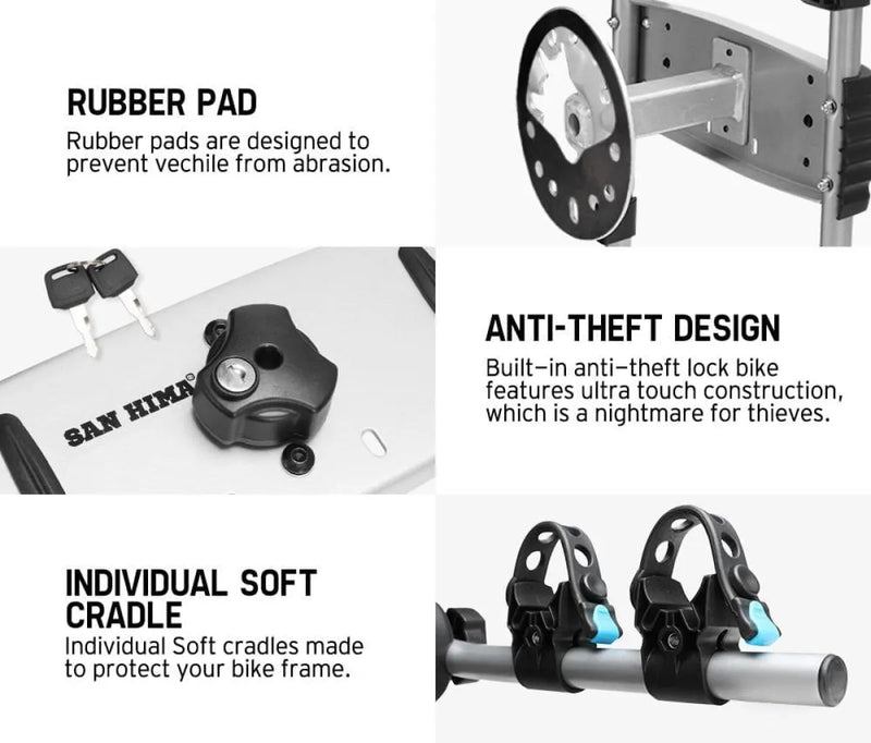 San Hima bicycle lock with multiple security features on tire rack for spare wheel bikes