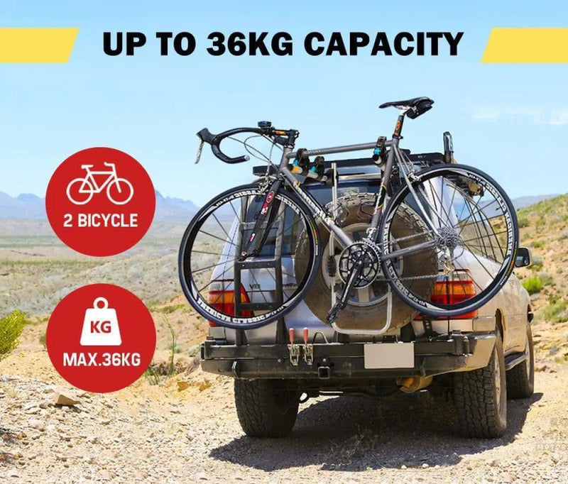 San Hima tire rack mounted on vehicle with spare wheel, carries two bikes up to 36kg