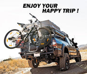 San Hima tire rack with spare wheel and loaded outdoor gear including bicycle