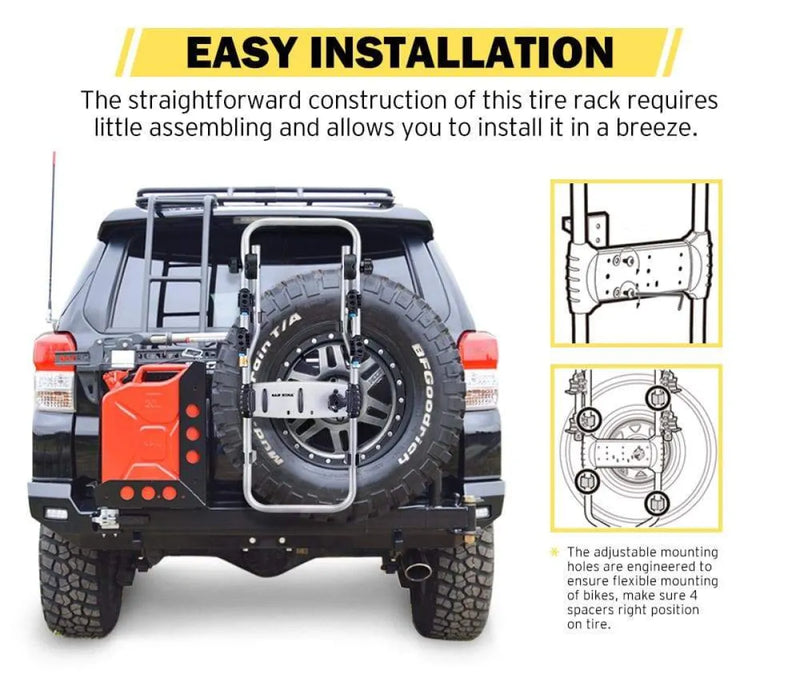 San Hima tire rack for spare wheel mounted on off-road vehicle rear for easy access
