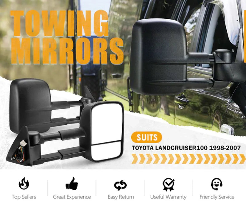 San Hima Gen 1 Extendable Towing Mirrors for Toyota Landcruiser 100 (1998-2007) | Black or Chrome