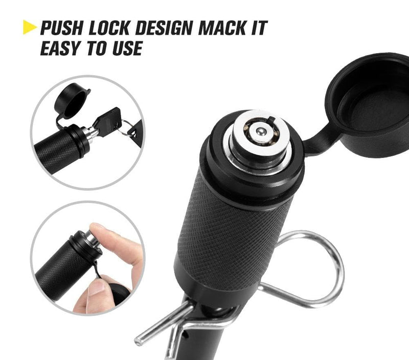 Black San Hima hitch lock with push-lock mechanism and attached keyring