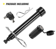 Black metal hitch pin lock with accessories for added security San Hima Hitch Pin Lock