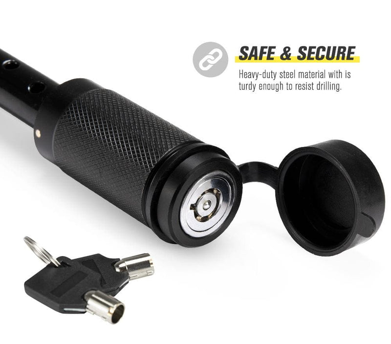 Black metal hitch lock with cylindrical hitch pin and detachable key for San Hima