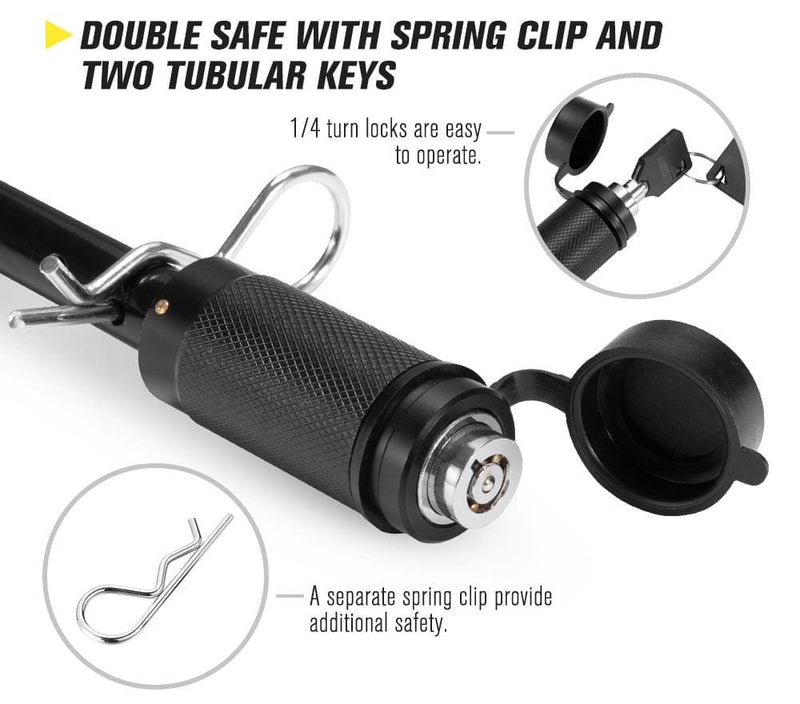 San Hima Hitch Lock with tubular lock, spring clip, and two keys for secure hitch pin