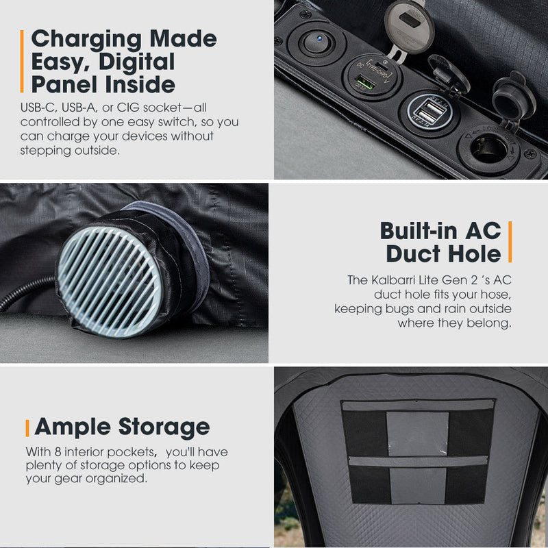 Kalbarri Lite Gen 2 digital charging panel, AC duct hole and interior storage pockets