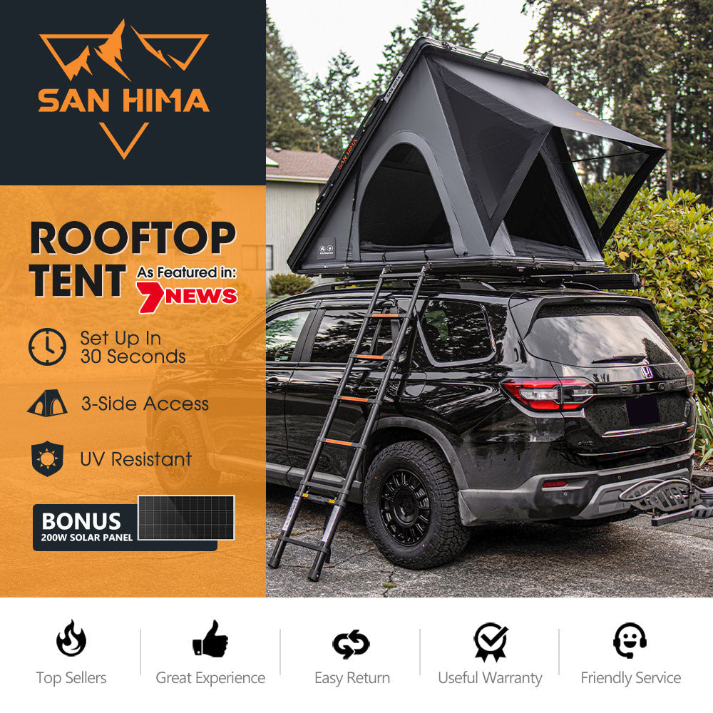 San Hima Kalbarri Lite Gen 2 Rooftop Tent Grey + Ladder & Rack + 200W Solar Panel
