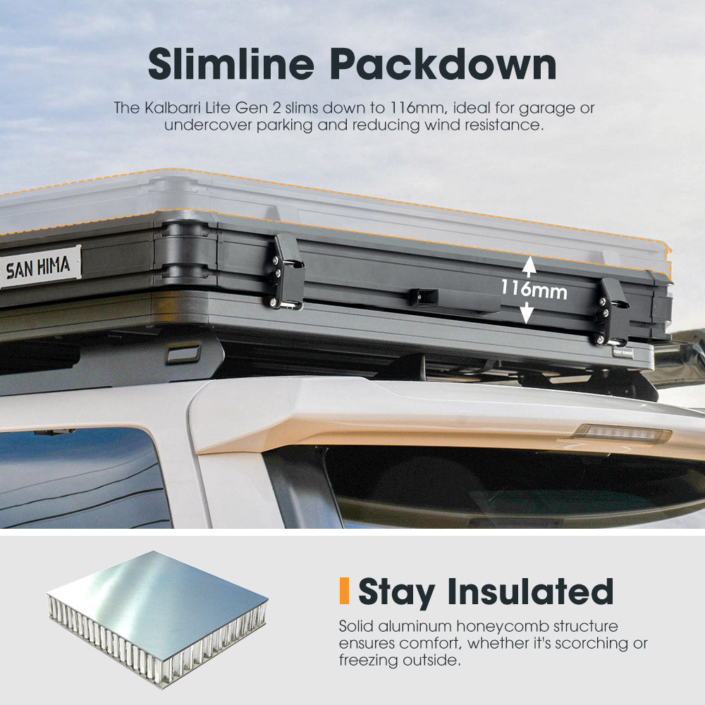 San Hima Kalbarri Lite Gen 2 Rooftop Tent Grey + Ladder & Rack + 200W Solar Panel